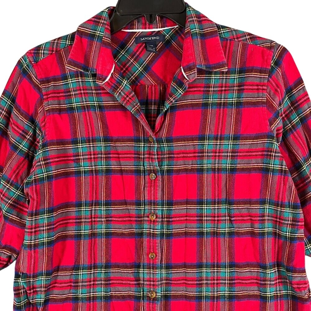 Lands End Plaid Flannel‎ Pajama Top Women 12P Petite Relaxed Fit Sleepwear
